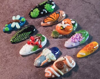Uñas postizas 3D con diseño de naturaleza: zorro, mariposa, libélula, set de uñas con decoración botánica hecha a mano