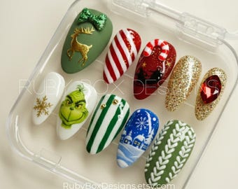 Uñas postizas navideñas del Grinch – Set de uñas navideñas