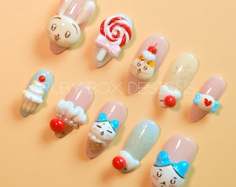 Uñas postizas Kawaii Candy – Set de uñas con diseño de dulces de dibujos animados en 3D