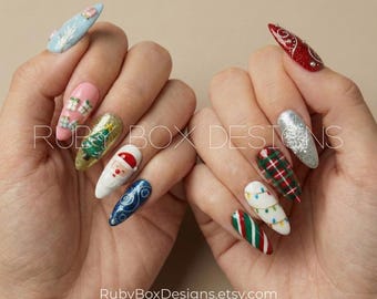 Uñas postizas estilo neón pop punk – Puntas de uñas hechas a mano con diseño mixto