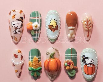 Uñas postizas hechas a mano para Acción de Gracias – Juego de uñas con diseño de dibujos animados otoñales en 3D