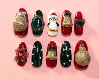 Uñas postizas navideñas hechas a mano – Pingüino 3D, Campanas con purpurina