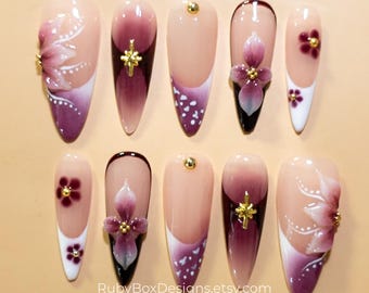 Purple Ombre Floral Press On Nails, 3D Flower Design, Nude Pink Gradient, Elegant Handmade Luxury Nail Set