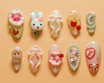 Uñas postizas Kawaii 3D – Conejito pastel, lazos y dijes de perlas