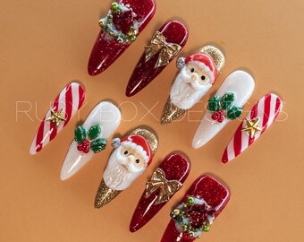 Uñas postizas navideñas hechas a mano: Papá Noel 3D, bastón de caramelo, purpurina