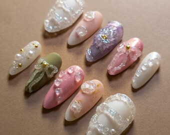 Uñas postizas de gel de azúcar 3D hechas a mano – Lazo pastel y gotas de rocío