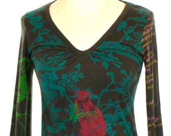 Owl tshirt Desigual Green top Vintage item Slim fit women's top by Desigual Collector's Tshirt with long sleeves and graphics