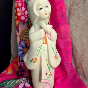 Japanese Taisho Woman Bisque Statue White Orange Vintage