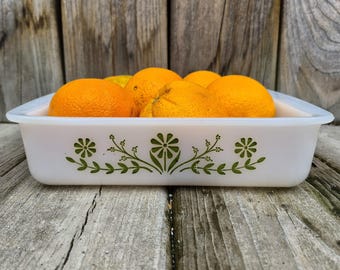 Vintage 8" Square Glasbake Milk Glass Baking Dish Primrose Dream, Green Daisy Jeanette J2428