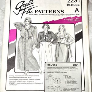 May include: A vintage sewing pattern for a blouse, featuring illustrations of different blouse styles. The pattern includes the text "Great Fit Patterns" and "Blouse 2231". The pattern is designed for women's sizes 38-60.