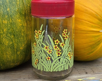 Vintage Daffodil Pattern Anchor Hocking Clear Glass Jar w/ Red Lid, Retro Decor