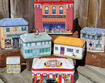 Vintage Tin Buildings, Shops, Candy Cookie Food, Keepsake Containers Gift Box Decor