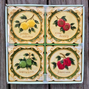 Vintage Ceramic Apple Trivets, Coaster Tiles Boxed 4pc Set