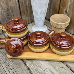 Vintage French Onion Soup Crocks, Brown Dipped Earthenware Pottery, Set of 4