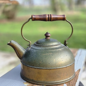 Vintage Revere Ware Tin Lined Copper Tea Kettle Brass Handle Wood Grip & Knob, Green Patina