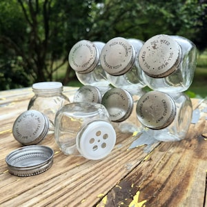 May include: A collection of clear glass spice jars with silver metal lids labeled Parsley, Pizza Seasoning, Dill Weed, Bay Leaves, Thyme, Seasoning Salt, and Crushed Mint. One jar features a white plastic shaker insert with five circular holes.