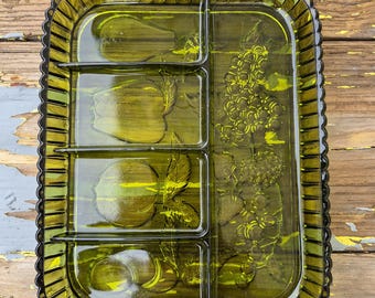 Vintage Indiana Glass Divided Appetizer or Relish Tray, Avocado Green, Fruit Pattern, Charcuterie Serving Dish