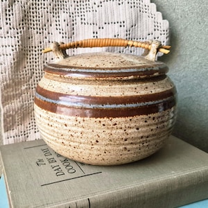 Raku Stoneware Round Pot, Wood Handle, Ken Jensen Fine Art