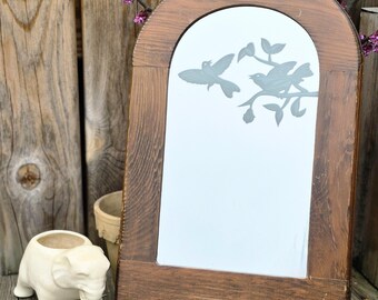 Vintage Arched Mirror Frosted Glass Birds Brown Wood Frame, Distressed Decor