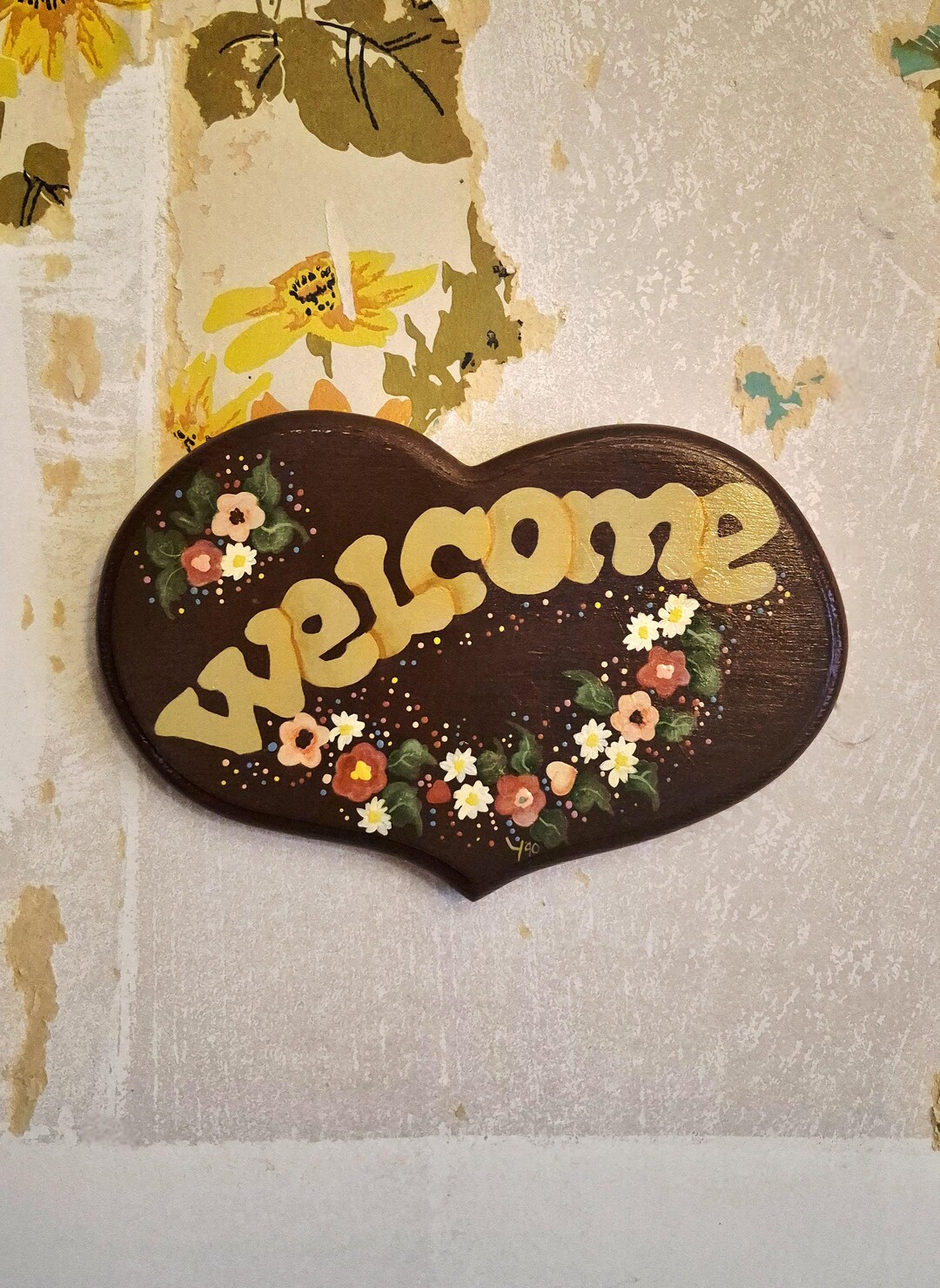 Welcome Sign Wooden, Heart Shaped Hand Painted Floral Vintage - Etsy