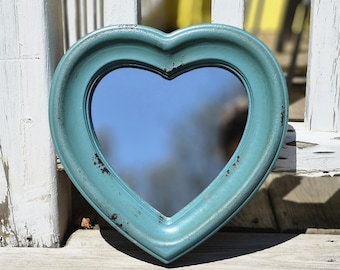 Vintage Wall Mirror Heart Shaped,  Distressed Teal Decor