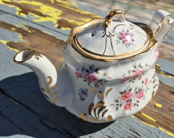 Antique Arthur Wood Teapot, Gold Trim White Porcelain, Pink Roses