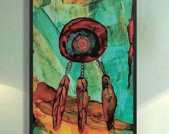 Hand Painted Watercolor Dreamcatcher Framed Wall Art  Print | Award Winning Handmade Serenity Nature Painting