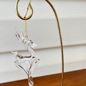 Hand Blown Deer Figurine Clear Glass Ornament on Gold Tone Hanging Display Stand Christmas Holiday Winter Decor