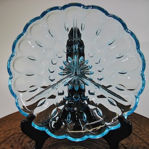 Anchor Hocking Fairfield Light Blue Pressed Glass Triple Divided Relish Dish 8.5&quot; Vintage 1970&#39;s Era