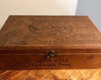 Vintage 1930's wooden hinged cigar box, National Recovery Administration NRA stamp, Hotel memorabilia, Grand Hotel, Conyngham PA