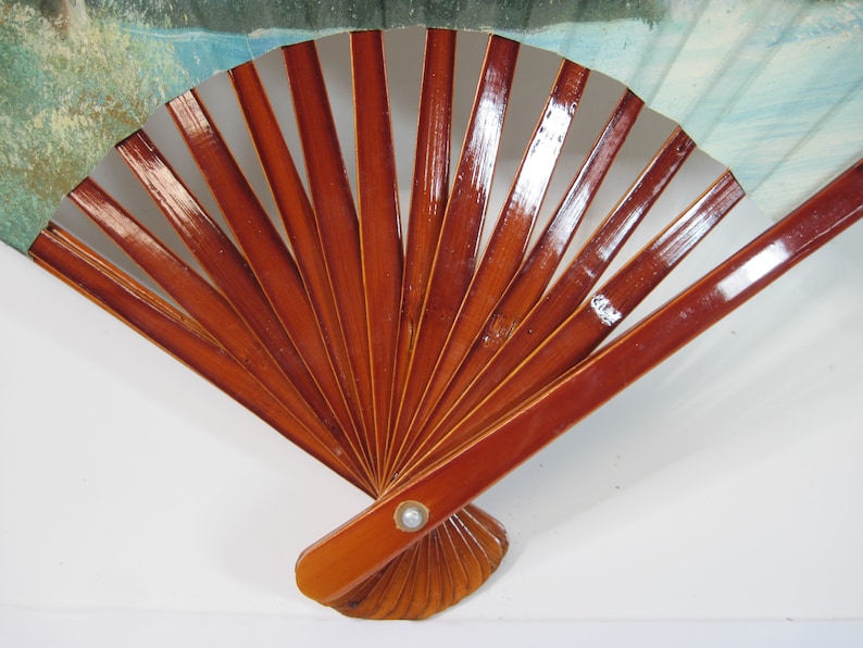 Hand Painted Mountain Waterfall Forest Scene Vintage Chinese Asian Decorative Folding Hand Fan Wood Lacquered Handle
