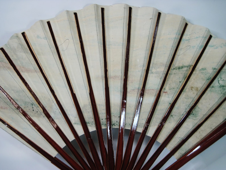 Hand Painted Mountain Waterfall Forest Scene Vintage Chinese Asian Decorative Folding Hand Fan Wood Lacquered Handle