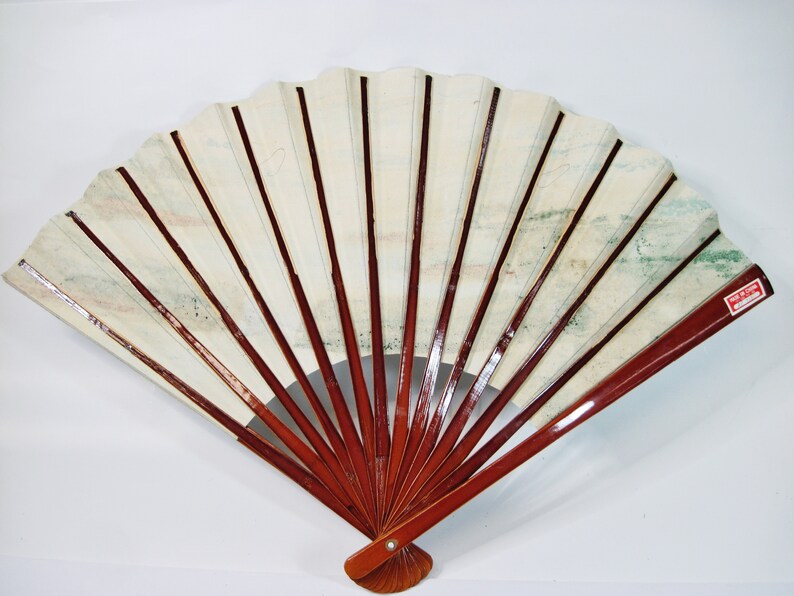 Hand Painted Mountain Waterfall Forest Scene Vintage Chinese Asian Decorative Folding Hand Fan Wood Lacquered Handle