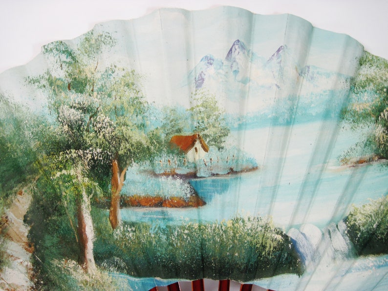Hand Painted Mountain Waterfall Forest Scene Vintage Chinese Asian Decorative Folding Hand Fan Wood Lacquered Handle