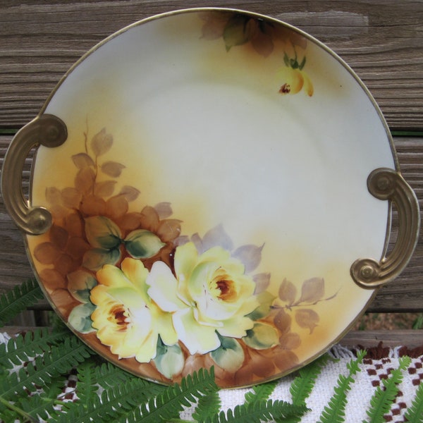 Antique Morimura M Mark Nippon Porcelain Plate with Gold Handles Roses Motif, Cake Plate, Japan decor
