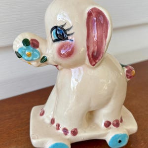 California Pottery, Toy Elephant Planter, signed F. Thurston Sanders, Vintage Retro Baby Gift, Kawaii nursery decor