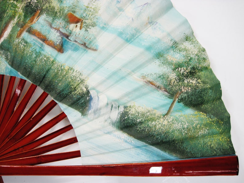 Hand Painted Mountain Waterfall Forest Scene Vintage Chinese Asian Decorative Folding Hand Fan Wood Lacquered Handle