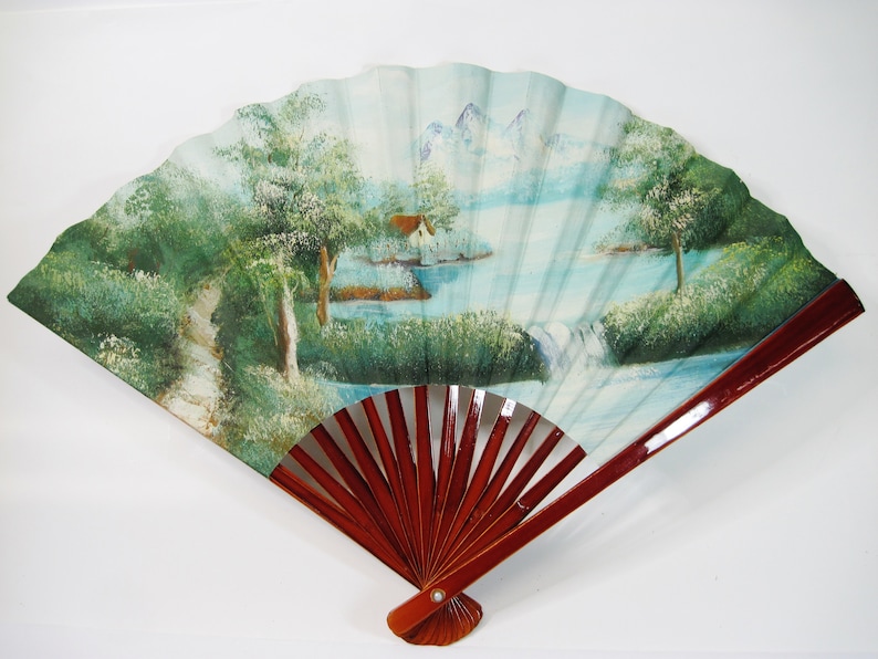 Hand Painted Mountain Waterfall Forest Scene Vintage Chinese Asian Decorative Folding Hand Fan Wood Lacquered Handle
