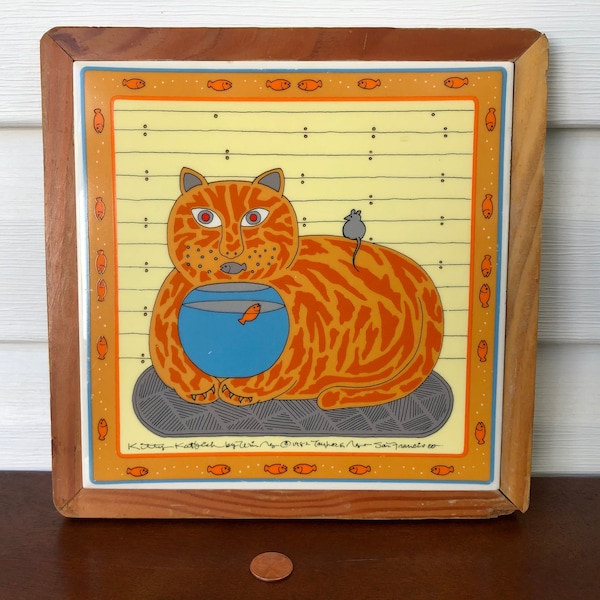 Vintage Taylor & Ng Art Tile "Kitty Katfish" by Win Ng San Francisco, Cat with Fishbowl, Art Tile Plaque Japan