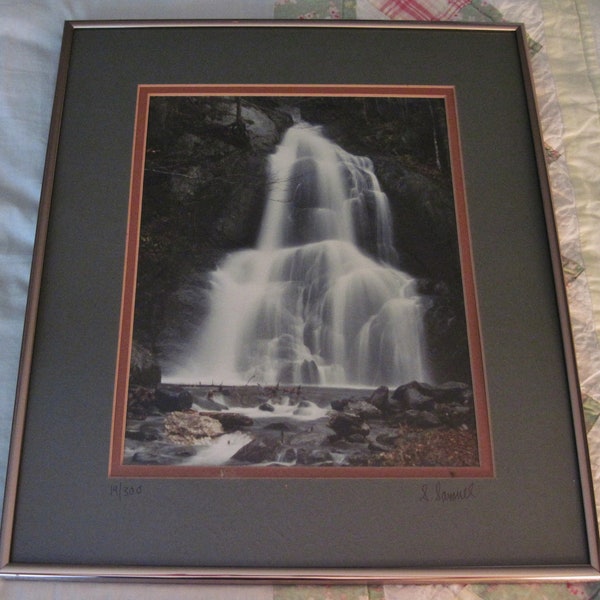 Nature Print Waterfall Art Photo, Upstate New York by S. Samuel Landscape Scenery, Double Matted in Brushed Metal Frame