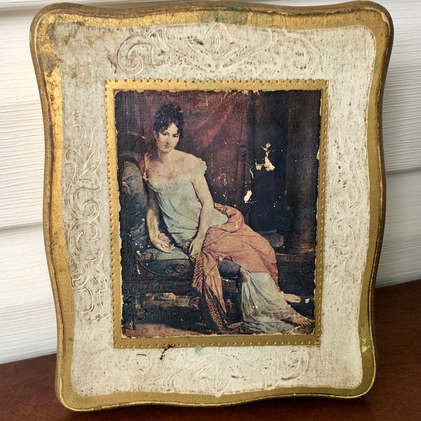 Florentine Style Wooden Jewelry Box, Masterwork Series by Mele, Gold Trim Small Hinged Box, Artwork Panel "Madame Recamier" by Gerard