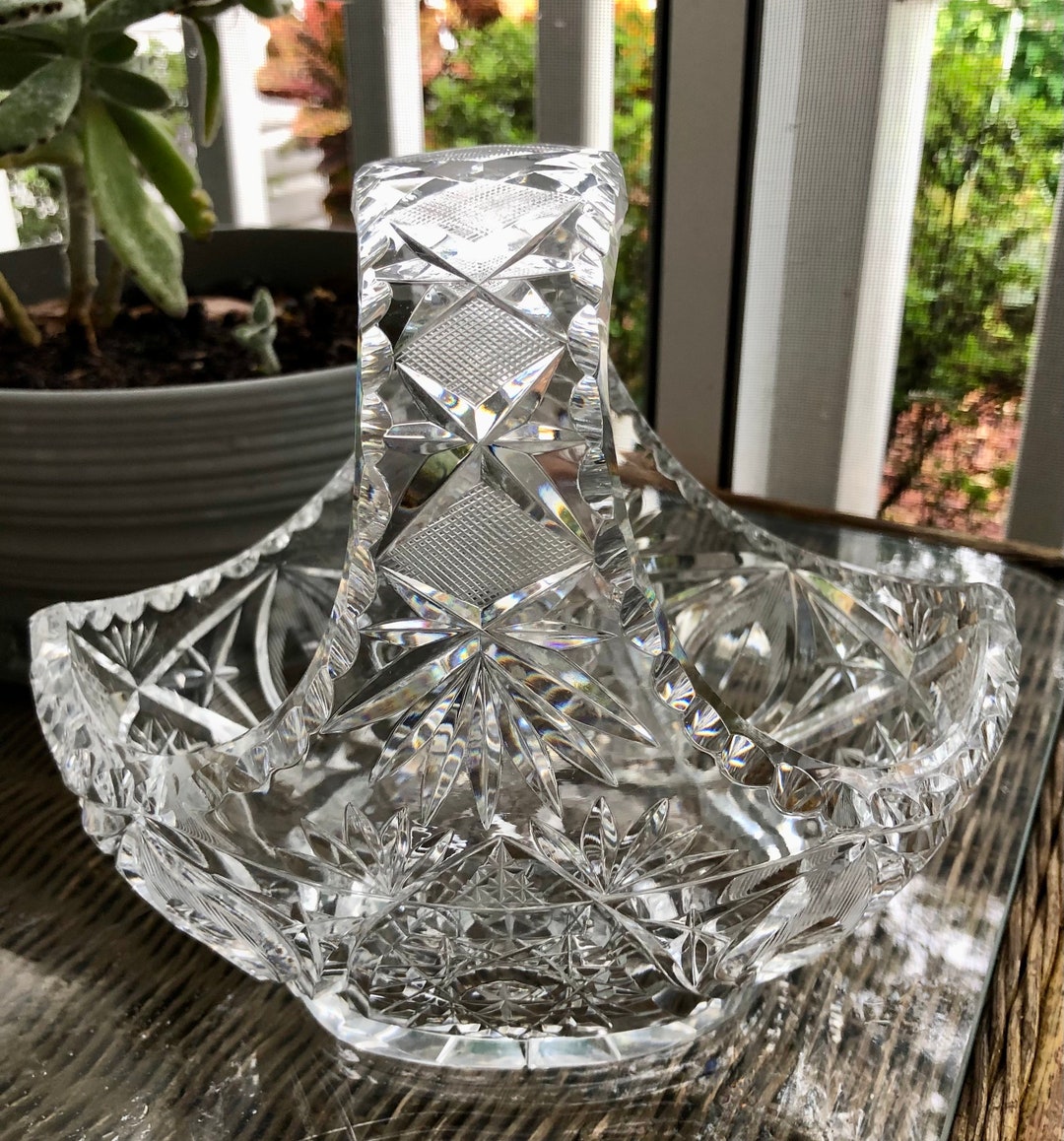 Cut Glass Basket, Leaded Crystal Clear Glass Basket, Vintage Bridal