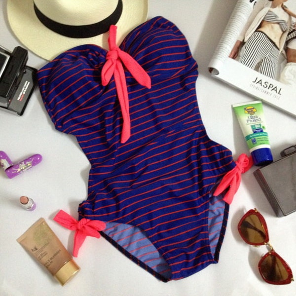 Special discount 40 percent blue and read stripe neon rope playsuit swimsuit one peice fashion on summer women set handmade 100%
