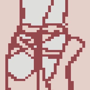 May include: Pixelated illustration of ballet pointe shoes in a reddish-brown hue, with white toe boxes and ribbons. The background is a soft, muted pink. The image has a simple, graphic style.