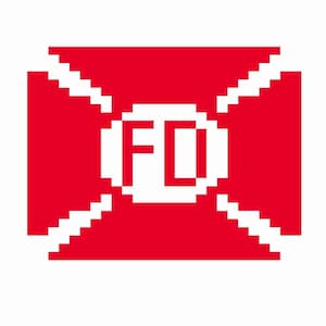 May include: A square graphic emblem featuring a bright red background with a white central circle containing the red letters FD. The design includes four white stepped, pixelated triangular shapes extending from the circle to the corners.
