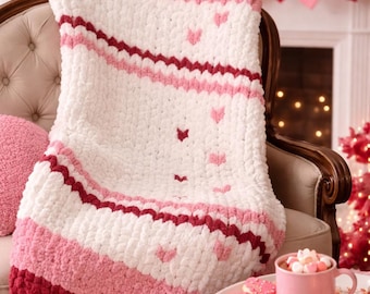 Heart Accent Valentine Chunky Knit/Finger Knitting/ Hand Knitting Blanket Pattern (Digital Download)
