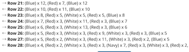 May include: A detailed text chart with rows of instructions for a craft project. The rows are numbered and use color codes: blue, red, white, and navy. The instructions include the number of times to repeat each color.