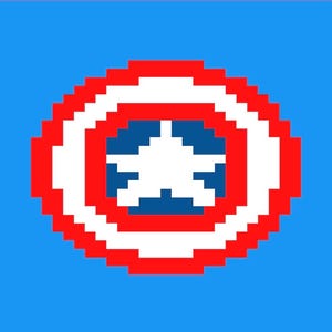 May include: Pixelated Captain America shield design on a blue background. The shield features a red and white border with a white star in the center. Red horizontal stripes are at the top and bottom of the image.