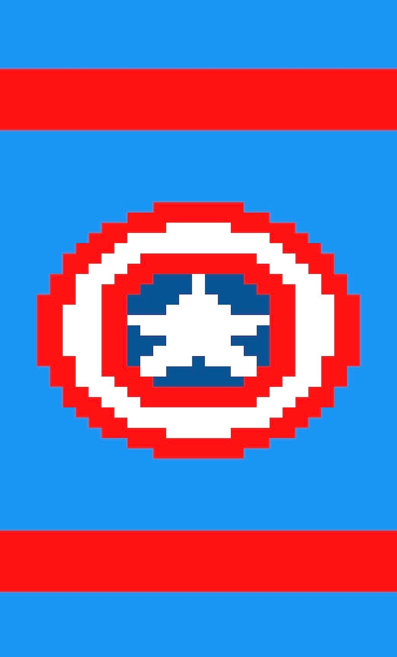 May include: Pixelated Captain America shield design on a blue background. The shield features a red and white border with a white star in the center. Red horizontal stripes are at the top and bottom of the image.