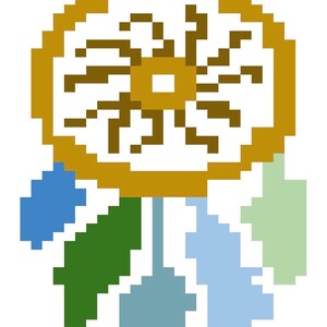 May include: A pixelated dreamcatcher design in shades of gold, brown, and various blues and greens. The dreamcatcher features a circular frame with an intricate web pattern and hanging feathers.